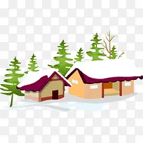 手绘房屋大树白雪图案