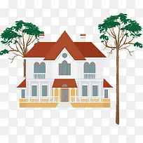 精致的手绘小别墅和树木