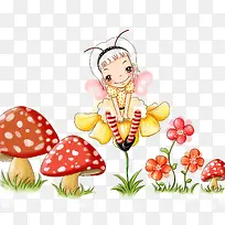 小女孩蘑菇鲜花草地可爱