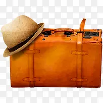 棕色皮质行李箱和帽子