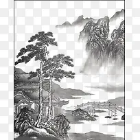 水墨山水画松树山峰庭院