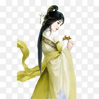拿叶子的美女古风手绘