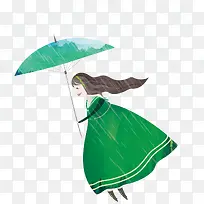 水彩绿色少女雨中拿着伞插图