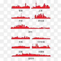 红色各种城市剪影