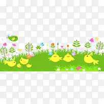 小黄鸡，蝴蝶，绿地，野花