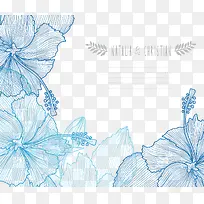 矢量线稿蓝色花朵边框装饰素材