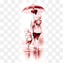 母亲节人物雨天手绘