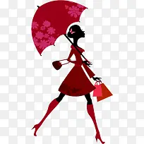 红伞美女人物剪影雨天
