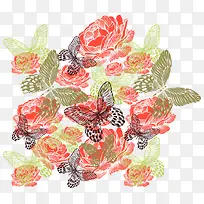 手绘花朵蝴蝶背景矢量