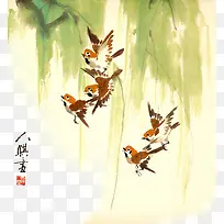 传统柳树水墨画