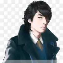 手绘风衣长发男子