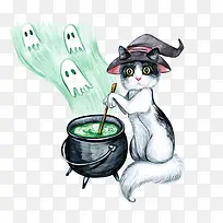 手绘水彩可爱猫咪女巫
