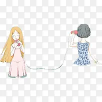 可爱手绘土电话插画母女场景