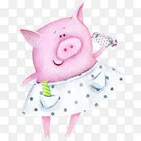 水彩动物粉色小猪拿着糖果