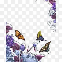水彩花朵边框蝴蝶背景