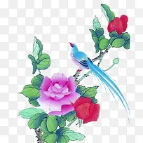 水墨画蓝色花朵蓝色鸟