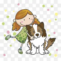 卡通插图小女孩与小狗