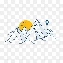 山脉日出热气球插画