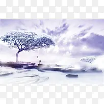 冬季梦境紫色大树仙鹤海报背景