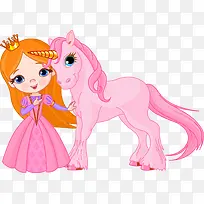 粉红色小公主和独角兽时尚插画