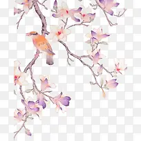 紫色中国风花鸟装饰图案