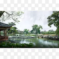 凉亭树木园林池塘