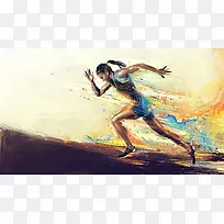 奔跑的女运动员油画海报背景