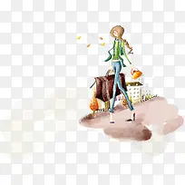手绘韩式拎行李人物度假