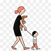 彩绘插画-牵着孩子的妈妈