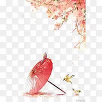 古风雨伞花朵小鸟