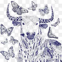 蓝色手绘牛和蝴蝶图案