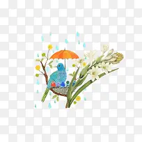 下雨小鸟遮伞