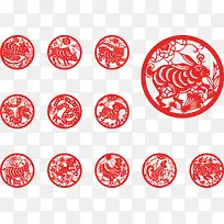 12生肖剪纸矢量图