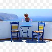 海边建筑桌子椅子花朵红酒背景矢量背景素材
