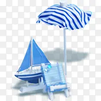 蓝色遮阳伞沙滩椅帆船卡通