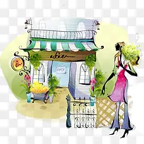 手绘时尚美女店铺