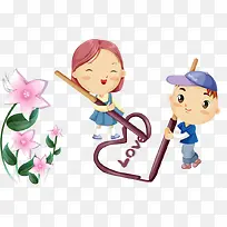 画爱心的卡通情侣