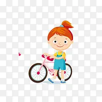 手绘女孩自行车素材
