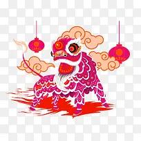 红色中国风舞狮祥云装饰图案