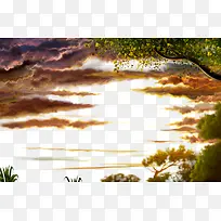 卡通乌云树枝景色图