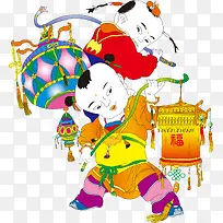 手绘灯笼娃娃快乐新春