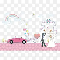卡通婚礼婚车粉色夫妻素材