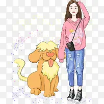 卡通彩绘女孩和狗狗