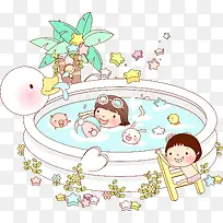 卡通小孩游泳