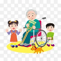 老人轮椅小孩卡通