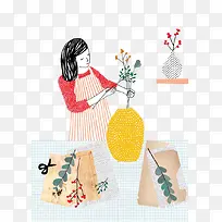 手绘人物插花