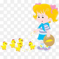 正在喂小鸡的卡通小女孩
