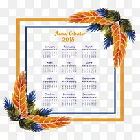 橘色蓝色羽毛装饰日历模板