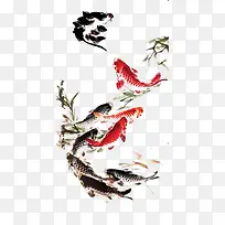 手绘黑红色中国风金鱼