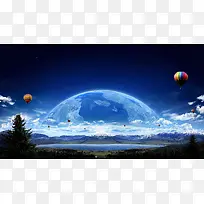 湖面星球热气球海报背景